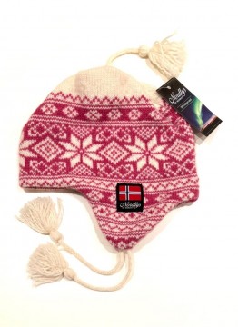 Nordlys Mønstret ull lue med snor – natur og rosa