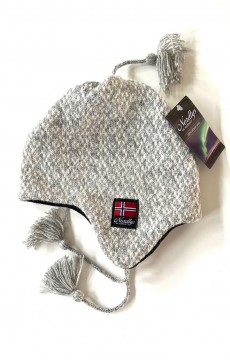 Nordlys “Bris” strikket ull lue med snor grå natur.