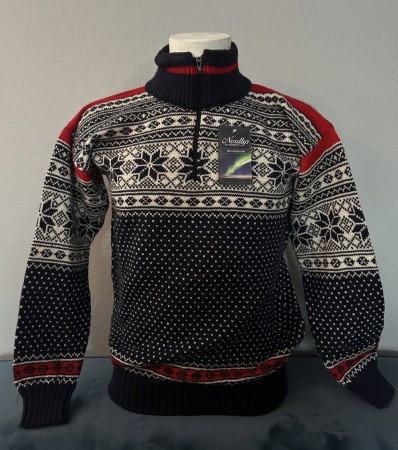 Nordlys mønstret modell Bretind - en litt tynnere ullgenser i marine- naur og rød - UTGÅENDE MODELL-