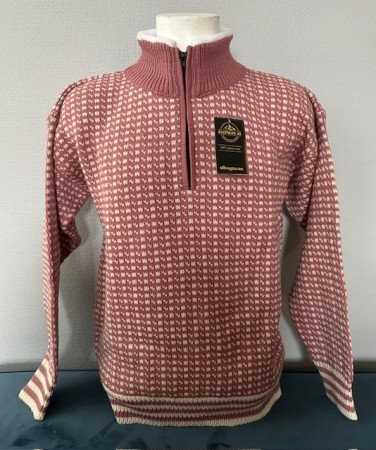 Ullvogna  klassisk Islender ullgenser til dame og herre. zip i hals, rosa/natur . lammeull, en litt tynnere genser